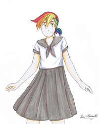 Size: 2564x3146 | Tagged: safe, artist:danabobana, oc, oc only, oc:rainbow feather, human, clothes, high res, humanized, interspecies offspring, magical lesbian spawn, offspring, parent:gilda, parent:rainbow dash, parents:gildash, sailor uniform, school uniform, schoolgirl, skirt