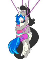 Size: 640x800 | Tagged: safe, artist:rozga, dj pon-3, octavia melody, vinyl scratch, anthro, unguligrade anthro, g4, clothes, eyes closed, leotard, open mouth, parachute, simple background, skydiving, transparent background, underhoof
