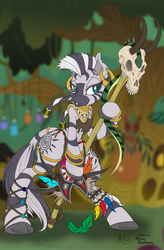 Size: 656x1000 | Tagged: safe, artist:anime-apothecary, artist:dfectivedvice, zecora, zebra, semi-anthro, g4, arm hooves, bipedal, colored, fantasy class, female, mask, midriff, skull, solo, staff, witch doctor