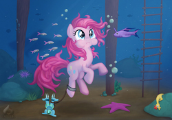 Size: 1400x980 | Tagged: safe, artist:obcor, boneless, pinkie pie, twilight sparkle, alicorn, fish, pony, g4, bubble, crossover, drowning, female, fishified, holding breath, mare, monkey island, puffy cheeks, sapphire statue, twilight sparkle (alicorn), underwater