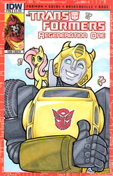 Size: 393x609 | Tagged: safe, idw, fluttershy, g4, bumblebee (transformers), comic, hot rod, idw advertisement, rodimus prime, transformers