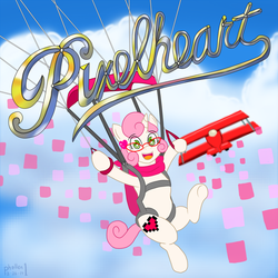 Size: 1280x1280 | Tagged: safe, artist:phallen1, oc, oc only, oc:pixel heart, biplane, flying, logo parody, nintendo, parachute, pilotwings, plane, skydiving