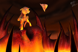 Size: 1024x683 | Tagged: safe, artist:hedwigowl, daring do, g4, female, hat, lava, solo, volcano