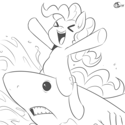 Size: 1270x1270 | Tagged: dead source, safe, artist:megasweet, pinkie pie, earth pony, pony, shark, g4, ><, eyes closed, female, grayscale, mare, monochrome, open mouth, riding, smiling, solo, water, xd