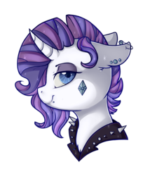 Size: 1341x1500 | Tagged: safe, artist:shyshyoctavia, rarity, pony, unicorn, g4, alternate hairstyle, alternative cutie mark placement, bust, choker, ear piercing, facial cutie mark, female, floppy ears, lidded eyes, lip piercing, piercing, portrait, punk, safety pin, simple background, smiling, solo, spiked choker, transparent background