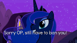 Size: 500x281 | Tagged: safe, edit, edited screencap, screencap, princess luna, alicorn, pony, g4, luna eclipsed, animated, banned, caption, female, gif, grin, image macro, mare, meme, meta, op, smiling, solo, talking, text, the fun has been doubled