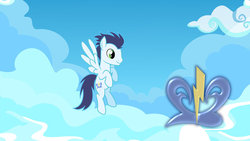 Size: 1024x576 | Tagged: safe, artist:dante-wynter, soarin', pegasus, pony, g4, floating, male, sky, smiling, solo, spread wings, stallion, wallpaper, wings