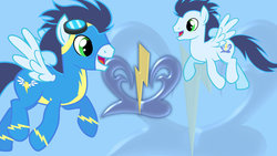 Size: 1024x576 | Tagged: safe, artist:dante-wynter, soarin', pegasus, pony, g4, male, stallion, wallpaper, wonderbolts uniform