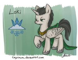 Size: 800x618 | Tagged: safe, artist:caycowa, alicorn, pony, crossover, loki, ponified, the avengers