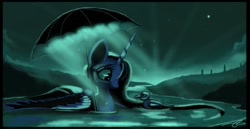 Size: 1247x641 | Tagged: safe, artist:auroriia, princess luna, duck, g4, female, moon, moonlight, smiling, solo, swimming, umbrella, water