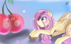 Size: 1262x791 | Tagged: safe, artist:mrscurlystyles, fluttershy, g4, blushing, cherry, female, fluffy, frown, heart, prone, solo, unshorn fetlocks