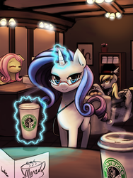 Size: 720x960 | Tagged: safe, artist:lumineko, derpy hooves, fluttershy, rarity, pegasus, pony, g4, coffee, female, glasses, looking at you, mare, offscreen character, pov, solo focus, starbucks