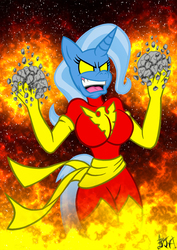 Size: 627x887 | Tagged: safe, artist:darklamprey, trixie, anthro, g4, breasts, busty trixie, clothes, crossover, dark phoenix, evening gloves, female, gloves, glowing eyes, marvel comics, skintight clothes, solo, x-men