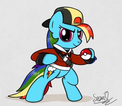 Size: 1150x1000 | Tagged: safe, artist:sheandog, rainbow dash, pegasus, pony, g4, backwards cutie mark, ethan (pokemon), female, gold (pokemon), poké ball, pokémon, solo