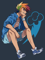 Size: 724x953 | Tagged: safe, artist:re_ghotion, rainbow dash, human, g4, clothes, humanized, open clothes, open shirt, rainbow blitz, rule 63, smirk, solo, tan lines