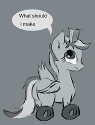 Size: 500x659 | Tagged: safe, oc, oc only, oc:wheely bopper, original species, wheelpone, balancing, butt, monochrome, plot, simple background, solo, speech bubble