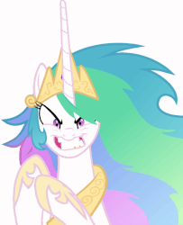 Size: 478x590 | Tagged: safe, artist:ianimateyourpictures, artist:magister39, princess celestia, alicorn, pony, g4, angry, animated, evil grin, eye twitch, female, glare, grin, gritted teeth, insanity, looking at you, mare, messy mane, simple background, snaplestia, solo, teeth, twitch, white background, xk-class end-of-the-world scenario