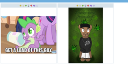 Size: 576x288 | Tagged: safe, spike, twilight sparkle, derpibooru, g4, exploitable meme, juxtaposition, juxtaposition win, marijuana, meme, meta