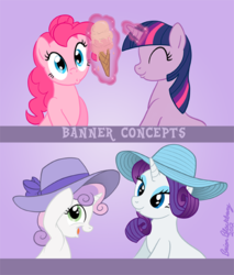 Size: 539x632 | Tagged: safe, artist:brianblackberry, pinkie pie, rarity, sweetie belle, twilight sparkle, g4, hat, ice cream, sun hat