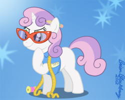 Size: 471x377 | Tagged: safe, artist:brianblackberry, sweetie belle, g4, bottomless, clothes, female, glasses, measuring tape, notebook, partial nudity, simple background, solo, thread