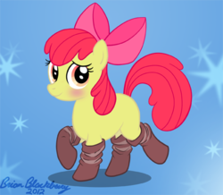 Size: 471x410 | Tagged: safe, artist:brianblackberry, apple bloom, g4, adorabloom, blushing, clothes, cute, female, raised hoof, raised leg, simple background, smiling, socks, solo