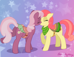 Size: 939x718 | Tagged: safe, artist:brianblackberry, apple bumpkin, cheerilee, earth pony, pony, g4, apple family member, butt, cheerikin, eyes closed, female, flowerbutt, kiss on the lips, kissing, lesbian, mare, plot, raised hoof, saddle, shipping