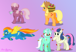 Size: 1003x700 | Tagged: safe, artist:brianblackberry, applejack, bon bon, cheerilee, lyra heartstrings, spitfire, sweetie drops, g4, apple, bell, bucket, flying, leaves, mouth hold, simple background