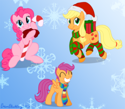 Size: 763x666 | Tagged: safe, artist:brianblackberry, applejack, pinkie pie, scootaloo, g4, candy cane, clothes, leg warmers, scarf, simple background
