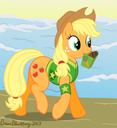 Size: 445x486 | Tagged: safe, artist:brianblackberry, applejack, earth pony, pony, g4, winter wrap up, bottomless, clothes, female, mare, mouth hold, partial nudity, plant team, seeds, snow, solo, vest, walking, winter wrap up vest