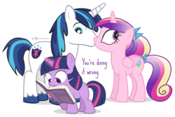 Size: 1080x720 | Tagged: safe, artist:dm29, princess cadance, shining armor, twilight sparkle, alicorn, pony, unicorn, g4, book, bow, female, filly, filly twilight sparkle, funny, hair bow, kissing, looking back, male, mare, reading, ship:shiningcadance, shipping, simple background, stallion, straight, tail bow, transparent background, trio, unicorn twilight, you're doing it wrong, younger
