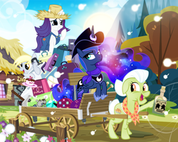 Size: 900x720 | Tagged: safe, artist:pixelkitties, derpy hooves, granny smith, princess luna, rarity, smarty pants, pegasus, pony, g4, cake, female, mare, pixelkitties' brilliant autograph media artwork, rarihick, tabitha st. germain, tonic, voice actor joke, wagon