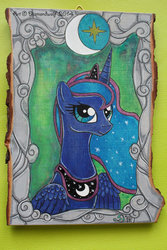 Size: 800x1200 | Tagged: safe, artist:diamondwolfart, princess luna, g4, female, portrait, solo, traditional art, wood