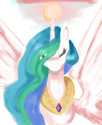 Size: 2184x2676 | Tagged: safe, artist:glitchyraptor, princess celestia, alicorn, pony, g4, eyes closed, female, high res, mare, smiling, solo, spread wings, sun