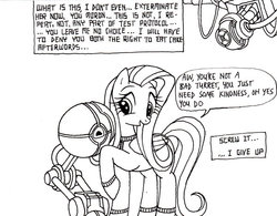 Size: 600x468 | Tagged: source needed, safe, artist:ricedawg, fluttershy, pegasus, pony, g4, black and white, clothes, crossover, female, glados, grayscale, monochrome, portal (valve), solo