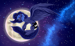 Size: 1920x1200 | Tagged: safe, artist:tangosierrag82, princess luna, g4, chest fluff, female, flying, moon, solo, space, spread wings, stars