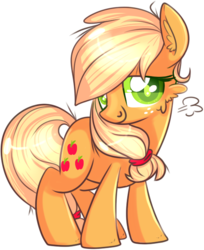 Size: 521x637 | Tagged: dead source, safe, artist:suzuii, applejack, g4, cute, ear fluff, female, fluffy, hatless, jackabetes, looking at you, missing accessory, shy, simple background, smiling, solo, transparent background