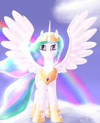 Size: 2415x2994 | Tagged: safe, artist:mcnum, princess celestia, g4, cloud, cloudy, female, high res, looking at you, rainbow, smiling, solo, spread wings
