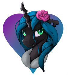 Size: 1300x1436 | Tagged: safe, artist:sceathlet, queen chrysalis, changeling, changeling queen, g4, female, floppy ears, flower in hair, portrait, simple background, solo