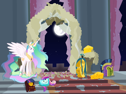 Size: 6000x4500 | Tagged: safe, artist:magister39, princess cadance, princess celestia, queen chrysalis, shining armor, twilight sparkle, alicorn, changeling, changeling queen, pony, a canterlot wedding, g4, absurd resolution, book, canterlot, cheese, cheese wheel, cheeseling, crystal heart, ethereal mane, female, helmet, implications, insanity, mare, mare in the moon, messy mane, moon, night, object, queen swissalis, royal guard, sad, snaplestia, solo, wat, watermelon