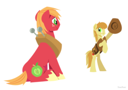 Size: 1280x900 | Tagged: safe, artist:hoverrover, big macintosh, braeburn, earth pony, pony, g4, bipedal, colored hooves, cowboy hat, hat, hooves, lineless, male, saddle bag, simple background, sitting, smiling, stallion, teeth, transparent background