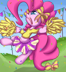 Size: 1200x1300 | Tagged: safe, artist:madacon, pinkie pie, earth pony, pony, g4, belly button, bow, cheerleader, cheerleader outfit, cheerleader pinkie, clothes, cute, diapinkes, female, hair bow, happy, jumping, mare, open mouth, pom pom, skirt, solo, tail bow