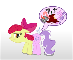 Size: 1065x883 | Tagged: safe, artist:ultrathehedgetoaster, apple bloom, diamond tiara, earth pony, pony, g4, body sharing, conjoined, fusion, gradient background, hedgetoaster hybrid, partial body swap, wat, we have become one