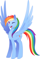 Size: 932x1368 | Tagged: safe, artist:nekiw, rainbow dash, pegasus, pony, g4, female, happy, one eye closed, simple background, smiling, solo, spread wings, transparent background, wings, wink