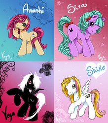 Size: 788x900 | Tagged: safe, artist:veganya, oc, oc only, oc:amashi, oc:shiku, oc:sira, oc:vega, earth pony, pony, unicorn, g2, g3, bow, female, hair bow, heart, looking at you, male, mare, ponified, raised hoof, rearing, smiling, spread wings, stallion, tail, tail bow, wings