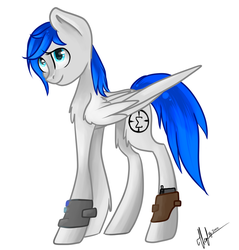 Size: 1024x1073 | Tagged: safe, artist:icebergi, oc, oc only, oc:sapphire sights, fallout equestria, gun, holster, pipbuck, solo