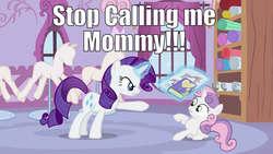 Size: 994x559 | Tagged: safe, rarity, sweetie belle, g4, caption, image macro, implications, meme