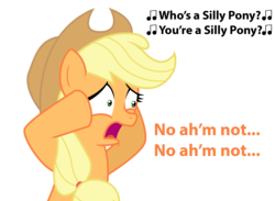 Size: 2422x1772 | Tagged: safe, artist:vincentthecrow, applejack, earth pony, pony, g4, accent, applejack's hat, cowboy hat, denial, despair, female, hat, mare, mental breakdown, sad, silly, silly pony, solo, stressed, text, vtc's wacky vectors, who's a silly pony