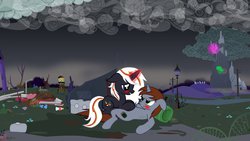 Size: 1024x576 | Tagged: safe, artist:maxressor, oc, oc only, oc:littlepip, oc:velvet remedy, pony, unicorn, fallout equestria, angry, canterlot, cloud, cloudy, fanfic, fanfic art, female, glowing horn, horn, lesbian, magic, mare, overcast, pink cloud, pink cloud (fo:e), sexual tension, ship:velvetpip, shipping, show accurate, spritebot, under anaesthesia, wasteland