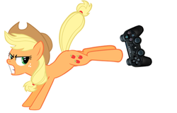 Size: 580x371 | Tagged: safe, applejack, g4, background pony strikes again, bucking, controller, downvote bait, duckery in the description, moms against gaming, op is a duck, op is trying to start shit, playstation 3