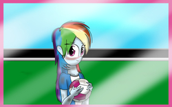 Size: 640x400 | Tagged: safe, artist:takarapov, rainbow dash, equestria girls, g4, female, football, solo